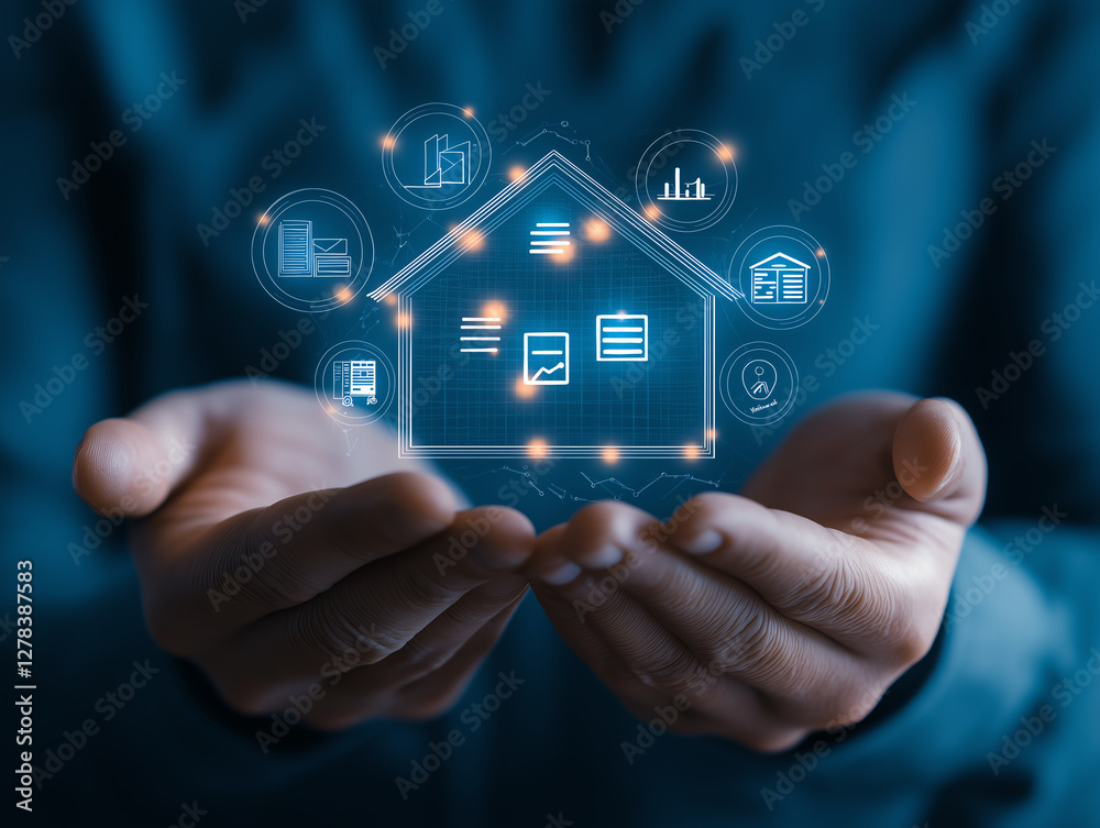 Digital icons for risk management and home data analysis are held in hands, symbolizing protection and innovation in real estate Digital icons for risk management and home data analysis are held in hands, symbolizing protection and innovation in real estate
