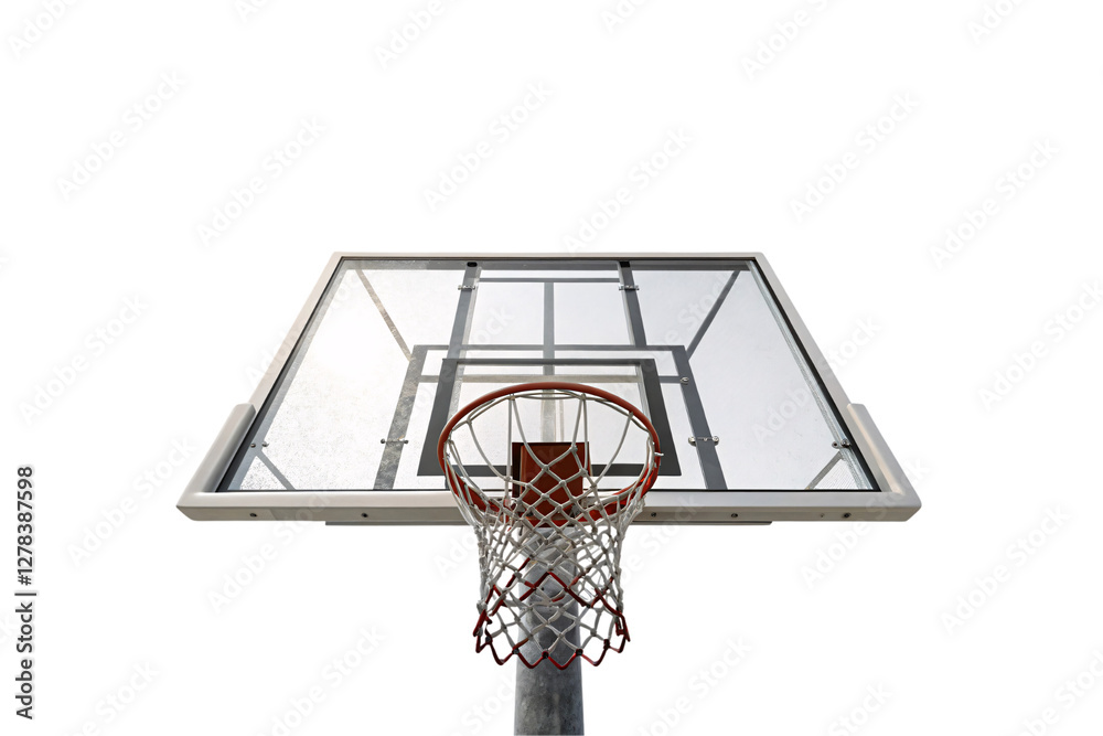 A close-up of a transparent basketball backboard with a red hoop and white net, viewed from below. Sunlight casts shadows through the glass structure, isolated on a transparent background A close-up of a transparent basketball backboard with a red hoop and white net, viewed from below. Sunlight casts shadows through the glass structure, isolated on a transparent background