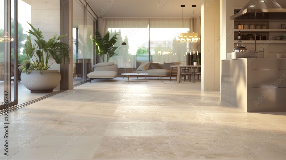 Obraz premium Spacious modern living room featuring minimalist decor and abundant natural light.