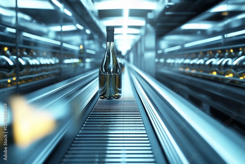 Wine bottles moving along an automated conveyor belt in a bottling facility Wine bottles moving along an automated conveyor belt in a bottling facility