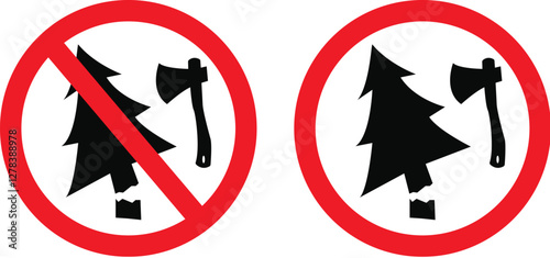 No Christmas trees is forbidden. Vector cartoon icon oer pictogram. Stop, no xmas tree or no new year tree symbol. No ban, prohibited sign and using axe. Prohibition of cutting down