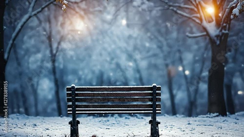 Serene Winter Scene Featuring Snow-Covered Bench in Forest