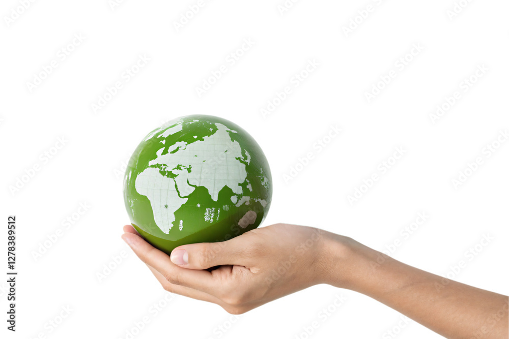 A round globe featuring a green-tinted world map, held by a human hand, symbolizing environmental awareness and global sustainability, isolated on a transparent background A round globe featuring a green-tinted world map, held by a human hand, symbolizing environmental awareness and global sustainability, isolated on a transparent background