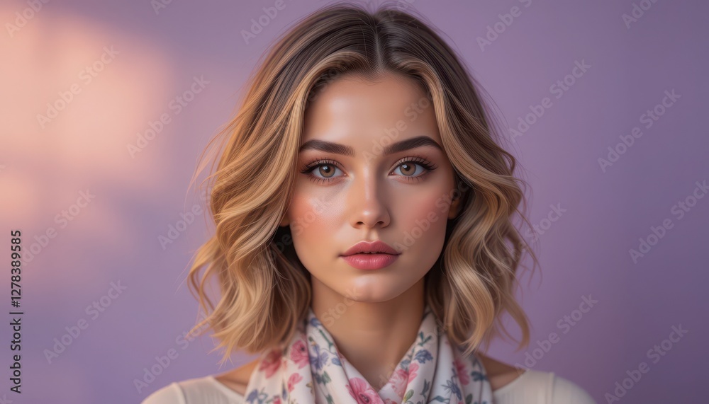 A young woman gazes confidently at the viewer, exuding elegance and poise. Her wavy blonde hair and pastel scarf create a serene atmosphere, enhanced by soft lighting A young woman gazes confidently at the viewer, exuding elegance and poise. Her wavy blonde hair and pastel scarf create a serene atmosphere, enhanced by soft lighting