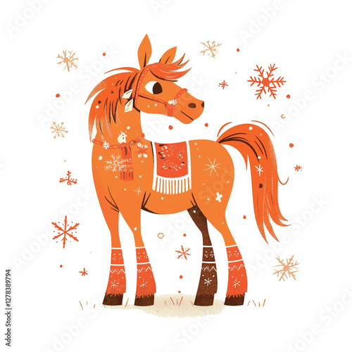 A cartoon horse with a scarf on its neck is standing in the snow. The horse appears to be happy and content, and the scene has a cozy, wintery feel