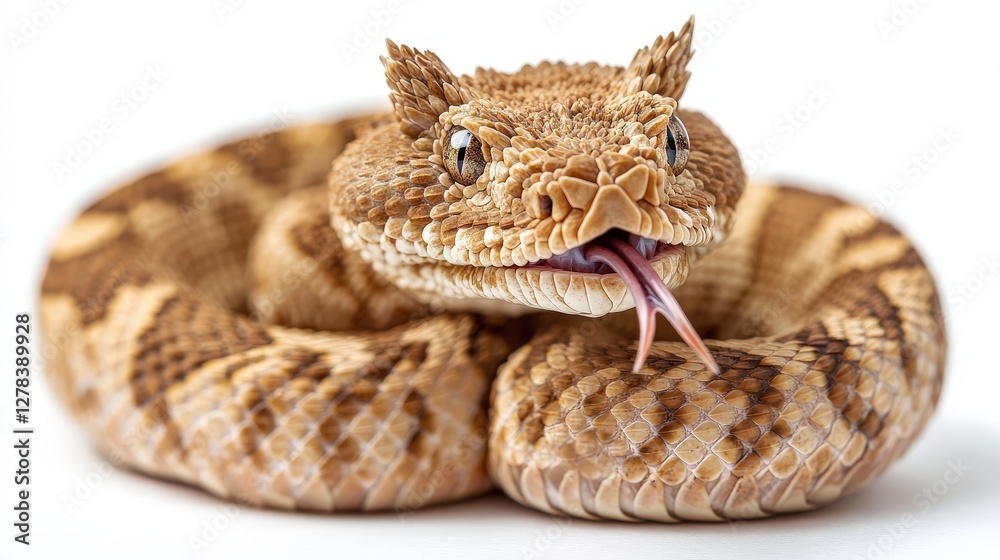 Obraz premium A captivating close-up reveals a horned viper’s head and upper body, poised to strike. Its forked tongue flickers intriguingly as it gazes right, capturing the essence of wild precision and mystery in