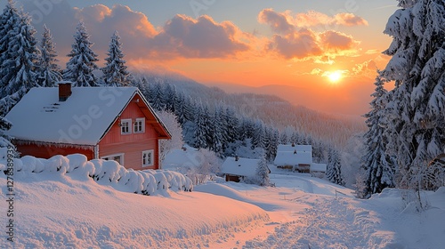 Snowy mountain village at sunset. Scenic winter landscape. Use for postcard, calendar, or wallpaper photo