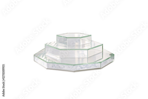A tiered octagonal glass display stand with beveled edges and reflective surfaces, set against a black background. The transparent layers create a sleek, isolated on a transparent background