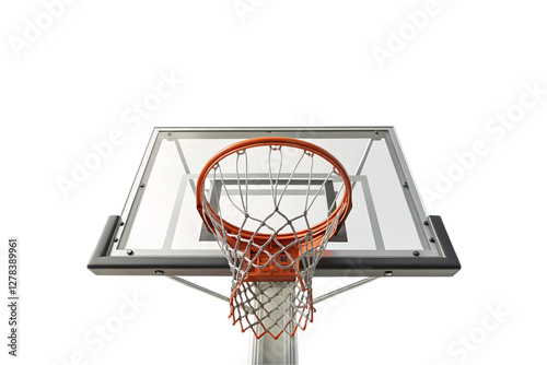 A third basketball hoop with a clear backboard, shot from a low angle. The orange rim and taut white net stand out against the structured transparency, isolated on a transparent background