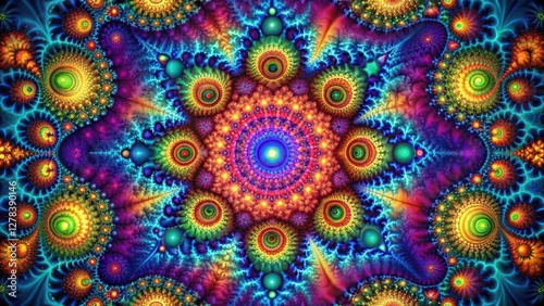 Intricate fractal geometry pattern with interconnected shapes and vibrant colors, digital art