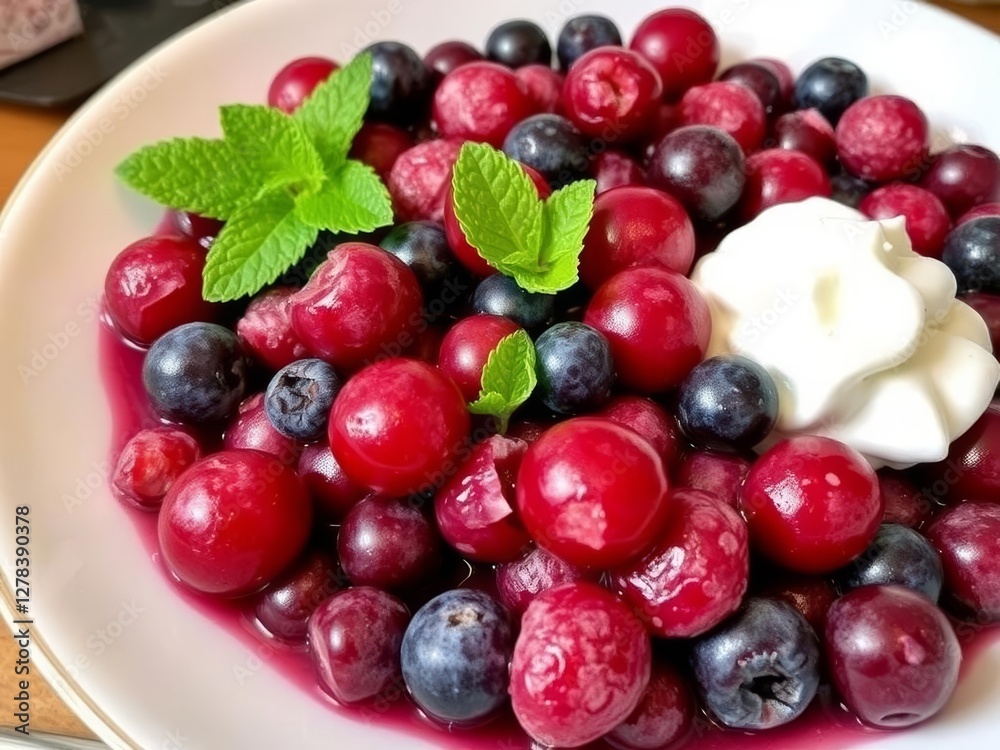 Concord grapes & sweet berries mixed with fresh mint, topped with whipped cream Concord grapes & sweet berries mixed with fresh mint, topped with whipped cream