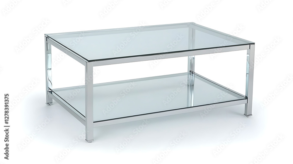A contemporary glass coffee table with a chrome frame,  on a white background.