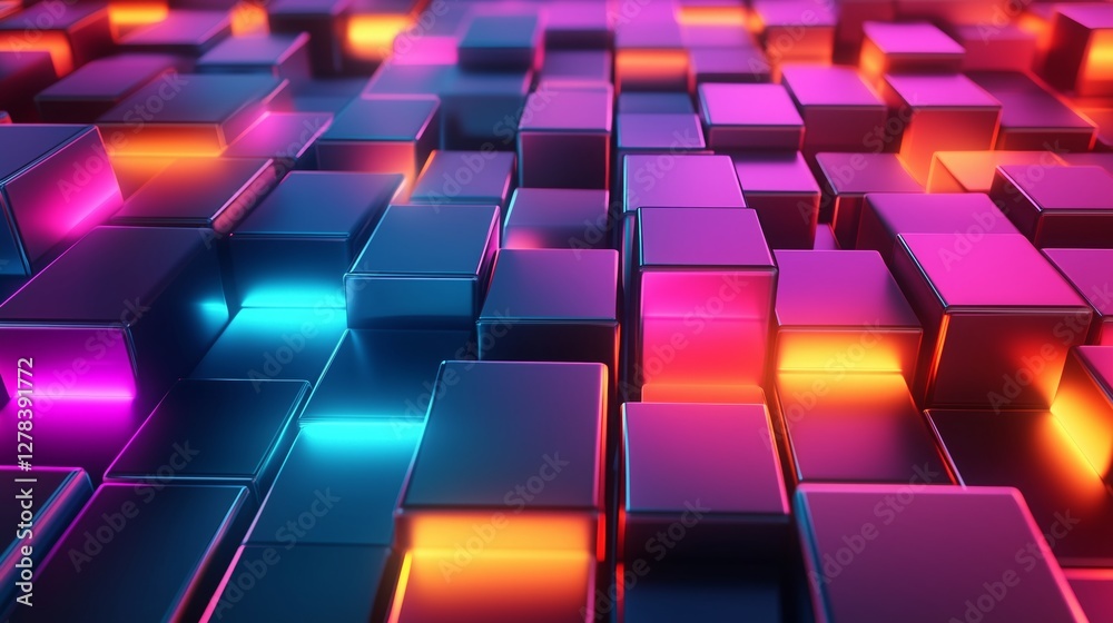 Fototapeta premium Futuristic 3D geometric cubes with neon lighting, creating a modern digital background perfect for tech and innovation themes.