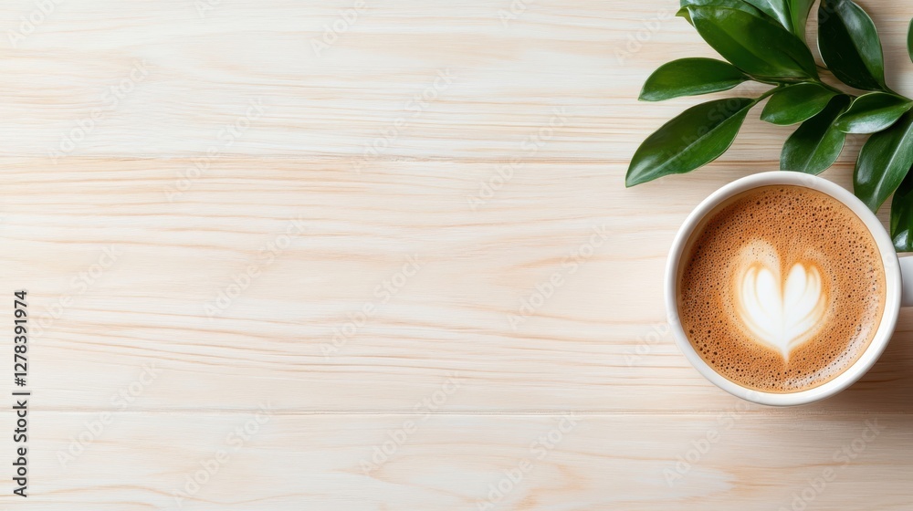 Warm cup of coffee resting on a wooden surface surrounded by nature Warm cup of coffee resting on a wooden surface surrounded by nature