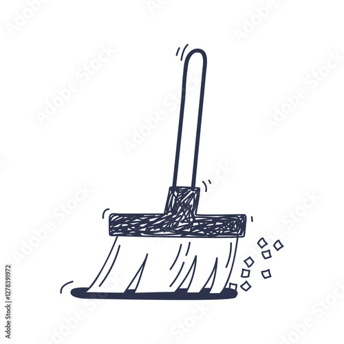 Illustration of a broom sweeping small squares, symbolizing tidiness and order.