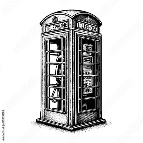 Telephone box sketch engraving black and white outline. Scratch board imitation. illustrated in vintage line art style on a white background.

