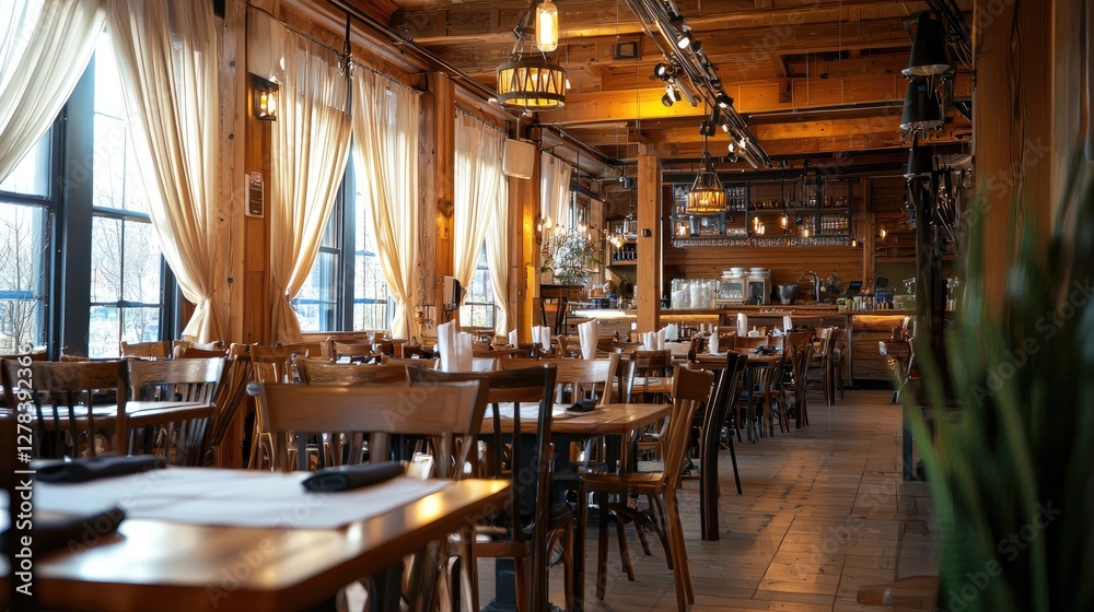 An open-concept dining area with soft curtains, a high wooden ceiling, and natural decor. Copy space. An open-concept dining area with soft curtains, a high wooden ceiling, and natural decor. Copy space.