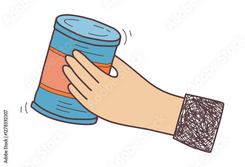 Illustration of a hand holding a canned good, symbolizing food storage or donation.