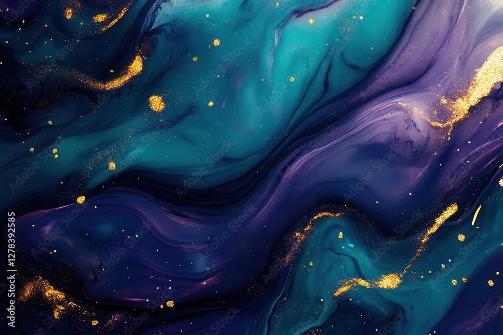 ethereal cosmic swirls in deep turquoise and royal purple, creating a mesmerizing nebula-like pattern with golden sparkles and flowing liquid textures