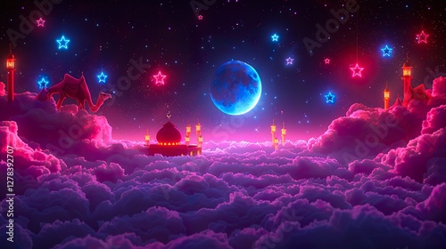 Eid mubarak, eid al adha mubarak with a camel and with a cloudy background with mosque , moon, lamps, stars muslim festival 2024. Eid celebration, HD 8K wallpaper Photographic Image