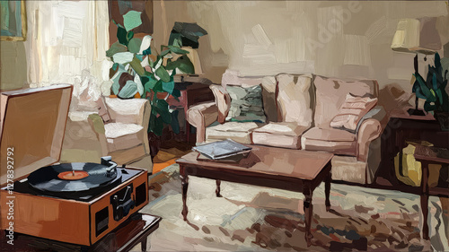 impressionistic painterly style loose painting of interior of living room, lounge 