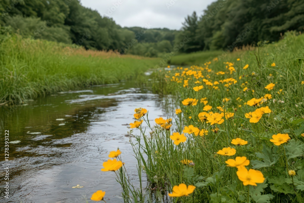 Fototapeta premium Tranquil Stream Flows through Green Meadow with Vibrant Yellow Flowers under Overcast Sky