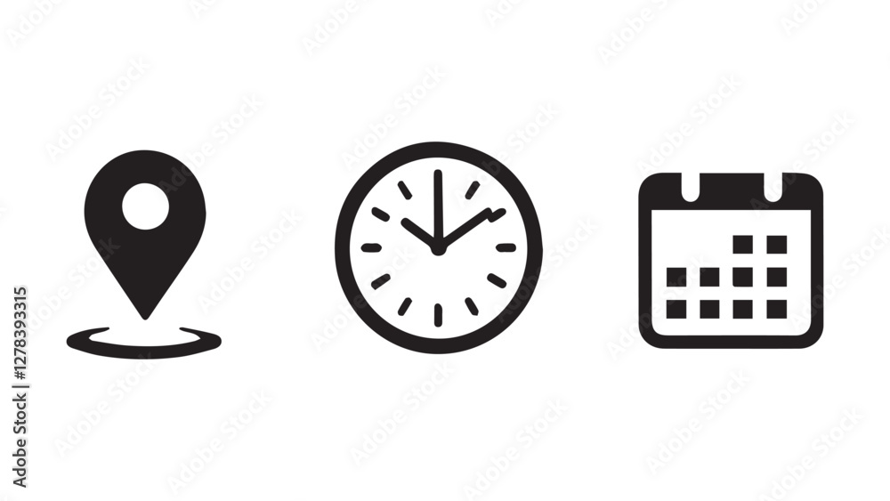 Date, Time, Address icon set. Event icons vector. Location, Calendar & clock icon transparent png white bagraound Date, Time, Address icon set. Event icons vector. Location, Calendar & clock icon transparent png white bagraound