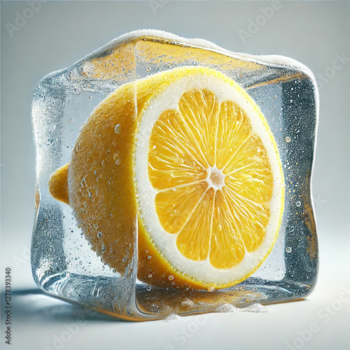Frozen Lemon Slice Encased in Ice Cube

