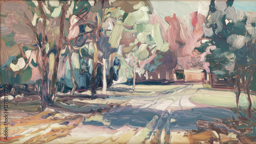 impressionistic painterly style loose painting of landscape in the park