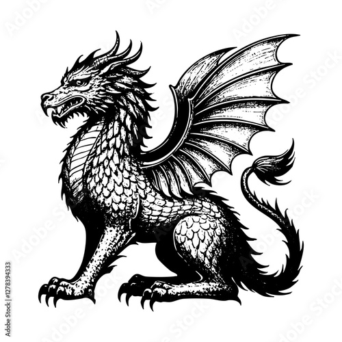 Griffin sketch engraving black and white outline. Scratch board imitation.  illustrated in vintage line art style on a white background.
