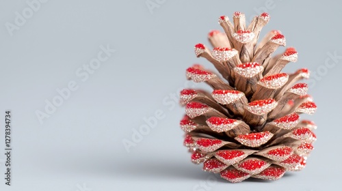 Artistic pine cone decoration with red accents studio photography minimalist close-up creativity