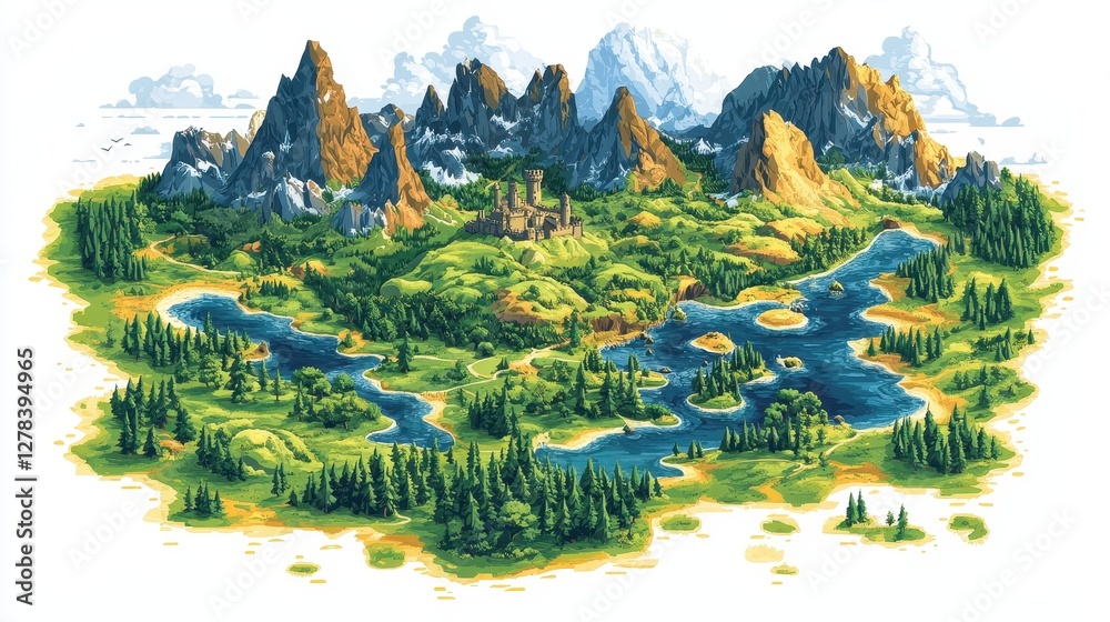 Fototapeta premium Island Fantasy Landscape Medieval Castle, Lakes, Mountains. Game Design