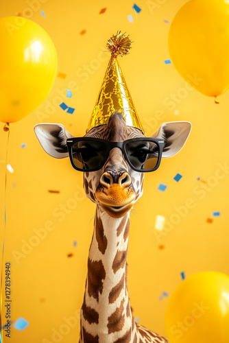 Funny cute giraffe wearing sunglasses holding happy birthday balloons and confetti explosion flying around greeting card on vibrant yellow background.