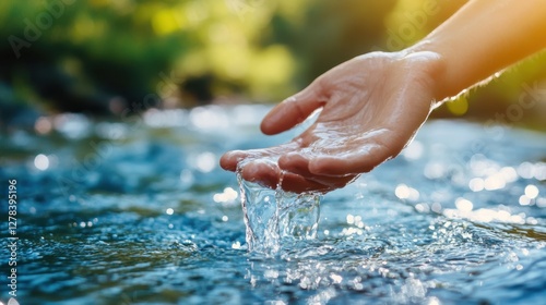 Human hand touching river water amidst environmental concerns for the planet