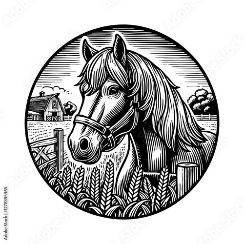 Horse on farm engraving black and white outline. Scratch board imitation.  illustrated in vintage line art style on a white background.