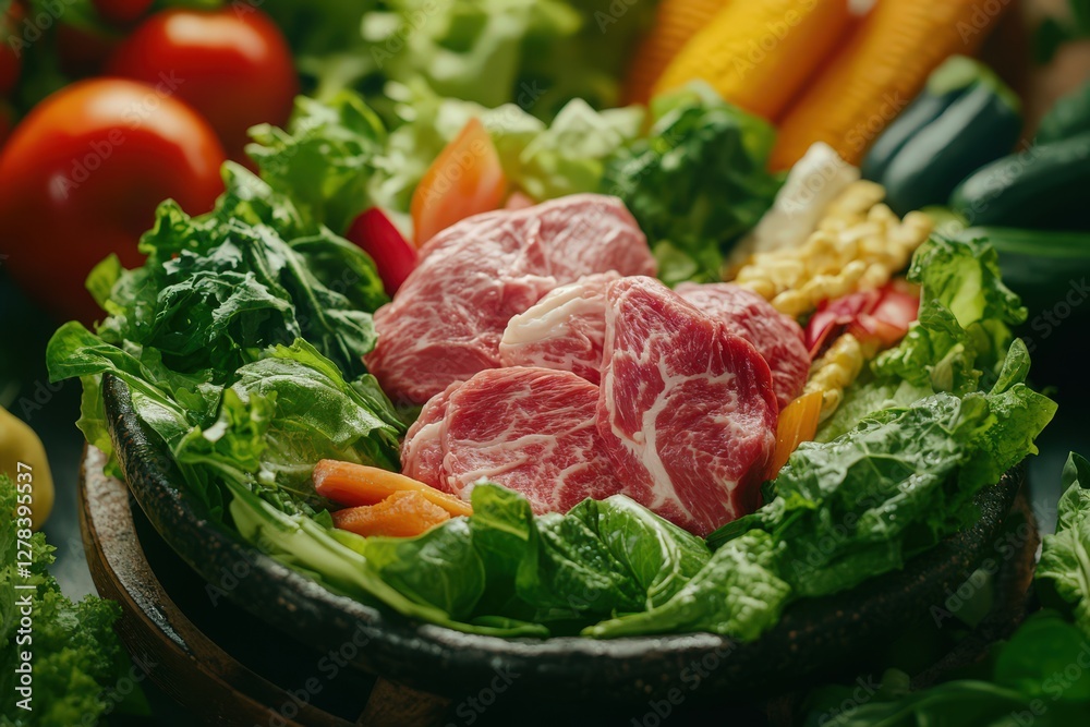Fresh and vibrant salad bowl brimming with colorful vegetables and succulent meats Fresh and vibrant salad bowl brimming with colorful vegetables and succulent meats