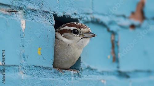 Bird peering from brick wall hole photo