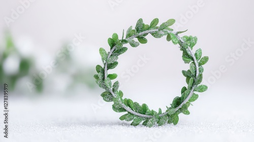 Winter greenery wreath decoration snowy background nature photography calm environment close-up view aesthetic concept