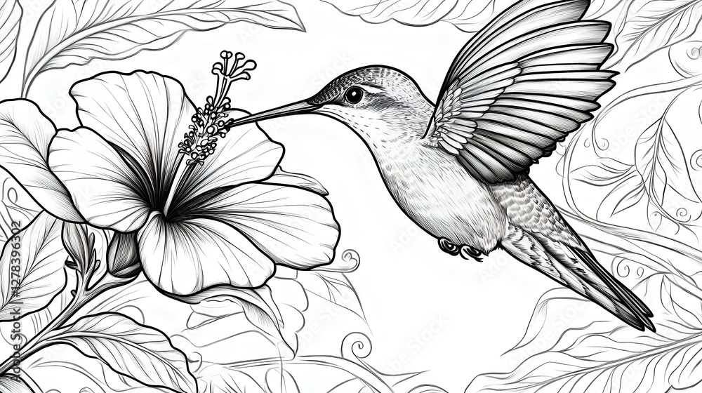 Naklejka premium A detailed black and white illustration of a hummingbird hovering near a hibiscus flower, surrounded by leaves and intricate floral patterns.