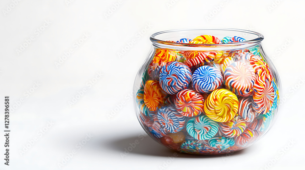 Glass Jar of Patterned Candy Balls, Isolated on White Glass Jar of Patterned Candy Balls, Isolated on White