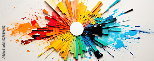 Vibrant explosion of colors created from wood and paint radiating from a central circular focal point