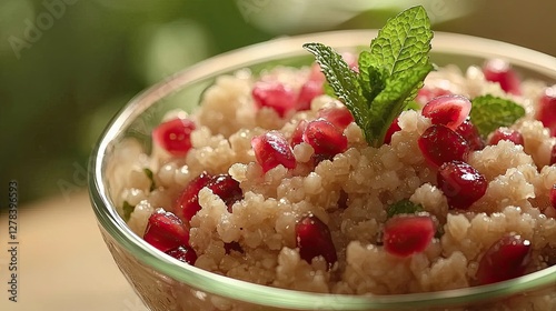 Close-up of a fresh bowl of trending Indian millet salad with pomegranate and mint leaves. No people, copy space.