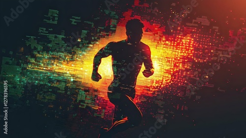 Fototapeta Naklejka Na Ścianę i Meble -  Dynamic silhouette of a runner amidst a vibrant abstract digital backdrop, symbolizing speed, energy, and innovation in sports and technology.