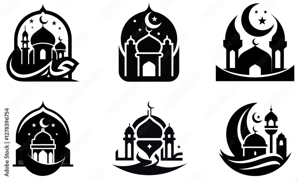 Set of Simple Black and White Islamic Mosque Icons Set of Simple Black and White Islamic Mosque Icons