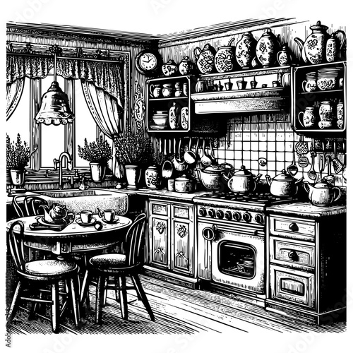 Classic kitchen engraving black and white outline. Scratch board imitation.  illustrated in vintage line art style on a white background.
