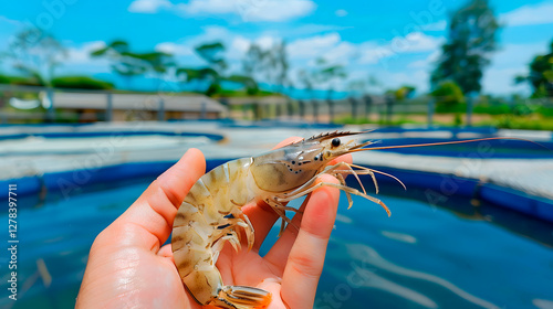 Close-up of shrimp held above aquaculture pond on a sunny day