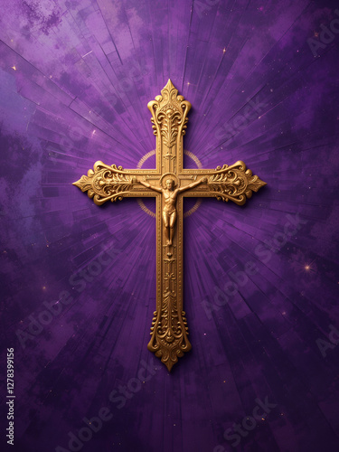 Golden Christian Cross on Liturgic Violet Purple: Spiritual Faith Background photo