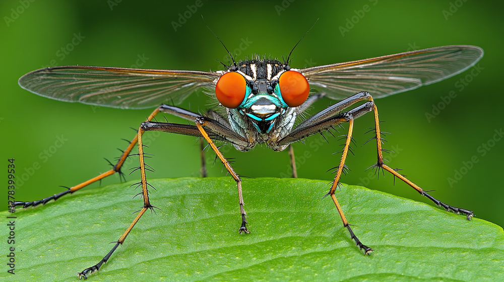 Close-up of a Colorful Fly Resting on a Green Leaf in a Lush Garden Setting During a Sunny Day Close-up of a Colorful Fly Resting on a Green Leaf in a Lush Garden Setting During a Sunny Day