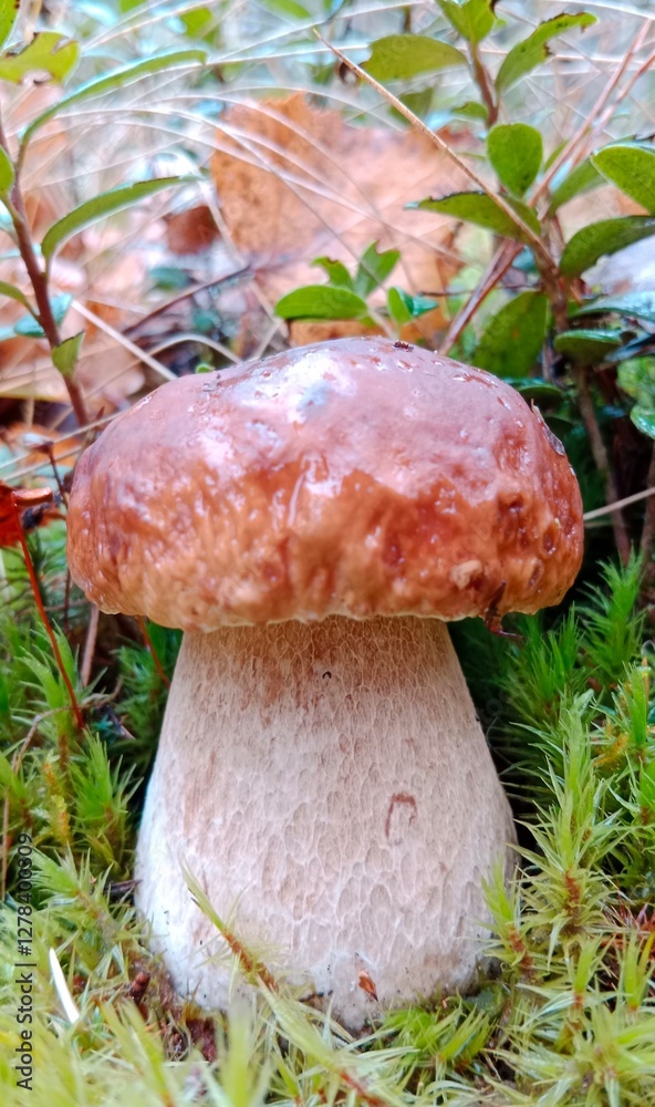 Boletus are very beautiful mushrooms. Mushrooms grow in the forest. Forest mushrooms, green moss, leaves and trees. Boletus are very beautiful mushrooms. Mushrooms grow in the forest. Forest mushrooms, green moss, leaves and trees.