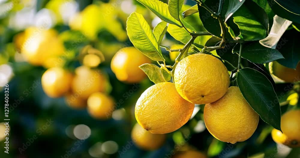 Fresh Yellow Lemons on Tree Branch in Citrus Garden Surrounded by Green Leaves